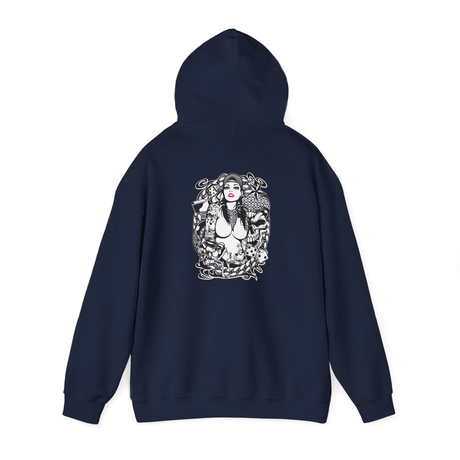 Elegant navy hoodie showcasing a striking back artwork with tattoo and floral elements, embodying a stylish and bold aesthetic.