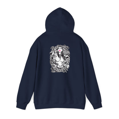 Elegant navy hoodie showcasing a striking back artwork with tattoo and floral elements, embodying a stylish and bold aesthetic.
