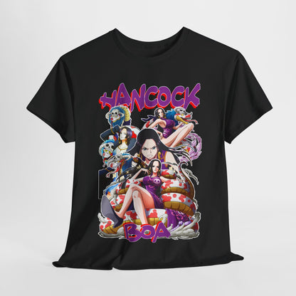 Luxurious Boa Hancock Royalty T-Shirt in black featuring vibrant anime-inspired artwork and eye-catching typography showcasing beloved characters from One Piece.