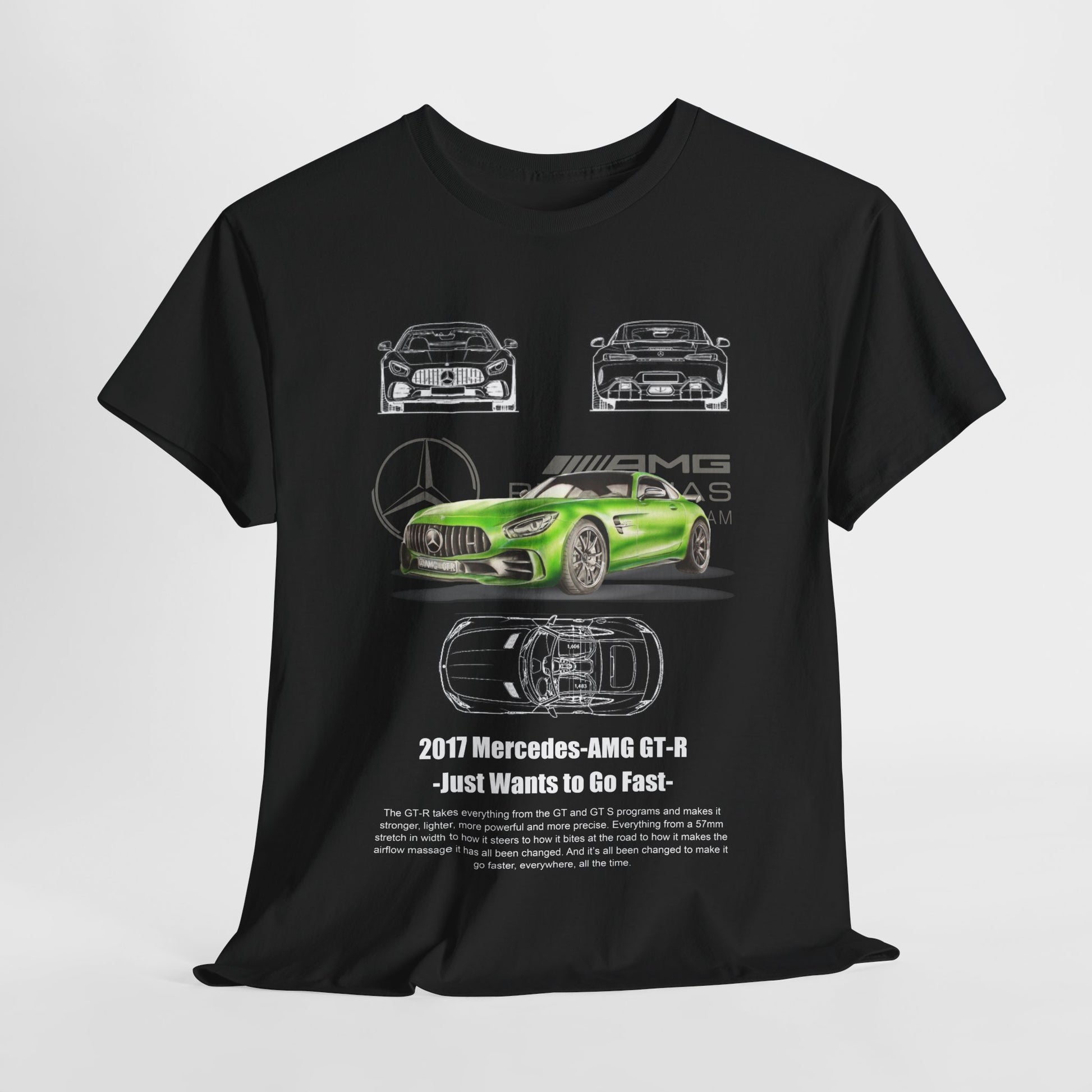 Elegant black t-shirt displaying a detailed graphic of a green Mercedes-AMG GT-R with artistic car sketches, tailored for speed enthusiasts.