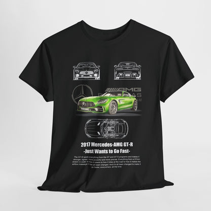 Elegant black t-shirt displaying a detailed graphic of a green Mercedes-AMG GT-R with artistic car sketches, tailored for speed enthusiasts.