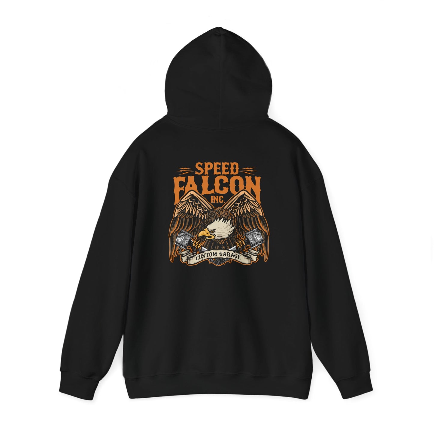 Elegant black hoodie with stunning eagle artwork highlighted by the words 'SPEED FALCON INC.' and 'CUSTOM GARAGE', perfect for those who appreciate fierce style and craftsmanship.