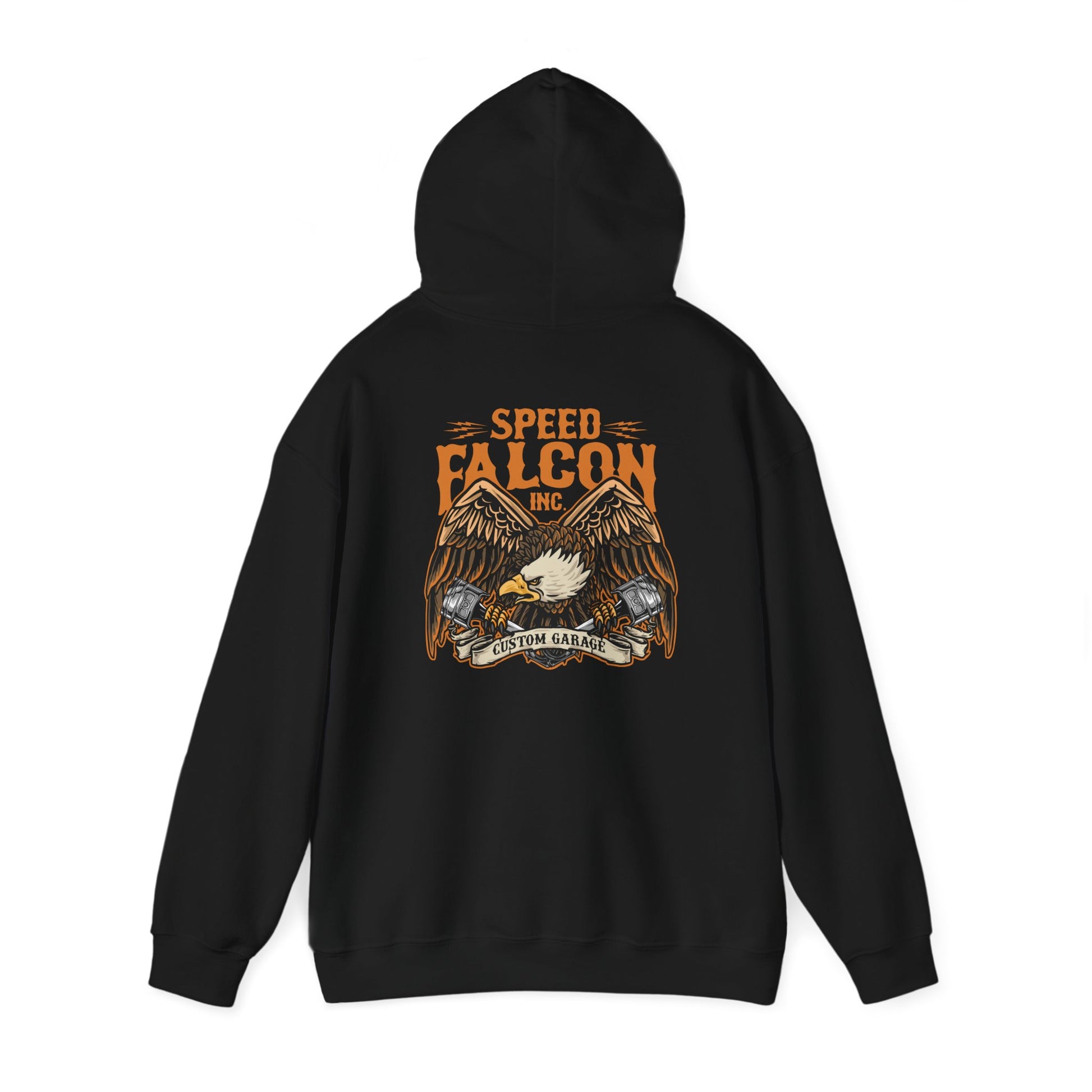 Elegant black hoodie with stunning eagle artwork highlighted by the words 'SPEED FALCON INC.' and 'CUSTOM GARAGE', perfect for those who appreciate fierce style and craftsmanship.