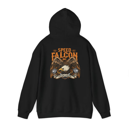 Elegant black hoodie with stunning eagle artwork highlighted by the words 'SPEED FALCON INC.' and 'CUSTOM GARAGE', perfect for those who appreciate fierce style and craftsmanship.