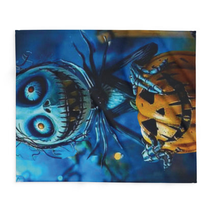 Charming Decorative and Warm Halloween Skellington Spooky Arctic Fleece Blanket featuring vivid Halloween graphics, laid flat to capture its luxury fabric and intricate detailing.