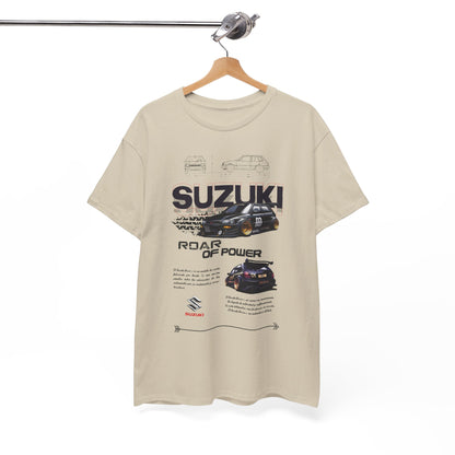 Stylishly hung Suzuki Forza men's T-shirt, highlighting eye-catching graphic elements and the powerful 'ROAR OF POWER' phrase, exuding automotive passion.