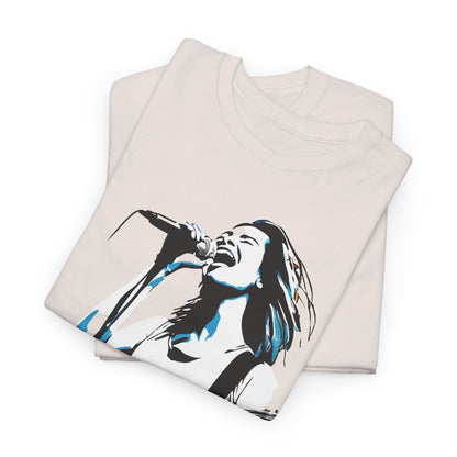 Legend of Rock Graphic T-Shirt displayed in a folded arrangement, embodying urban streetwear elegance with a striking graphic design featuring a female vocalist.