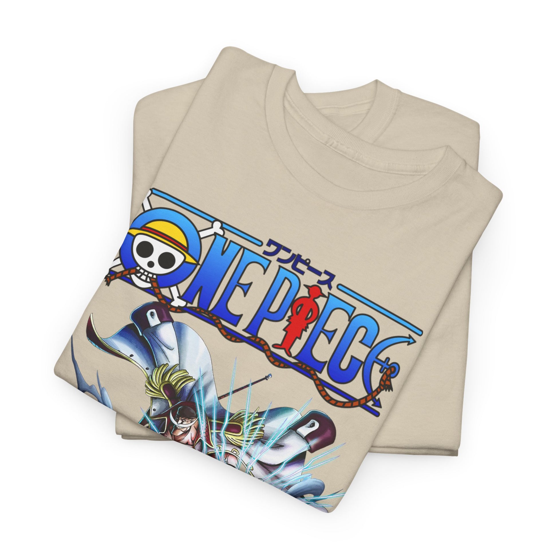 Luxurious One Piece graphic t-shirt featuring Edward Newgate, showcasing vibrant artwork on a beige fabric, perfect for anime aficionados.