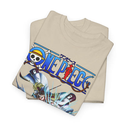 Luxurious One Piece graphic t-shirt featuring Edward Newgate, showcasing vibrant artwork on a beige fabric, perfect for anime aficionados.