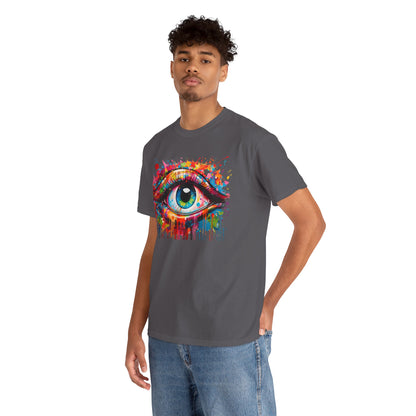 Model displaying the Visionary Drip Graphic Unisex T-Shirt, featuring a stunning eye design in colourful splashes, exuding a luxe and artistic vibe.