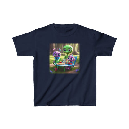 Kids Cute Aliens Heavy Cotton T-Shirt featuring delightful alien characters enjoying a picnic, designed for premium comfort and durability, available in 16 vibrant colours.