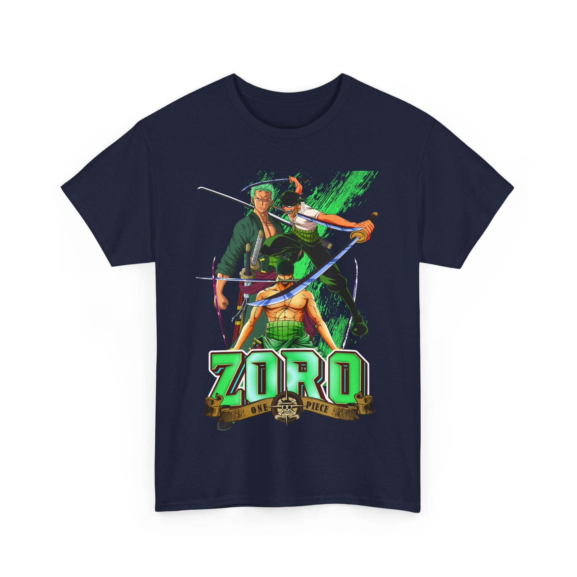 Sophisticated navy version of the One Piece Zoro graphic t-shirt, showcasing iconic characters in vibrant detail.