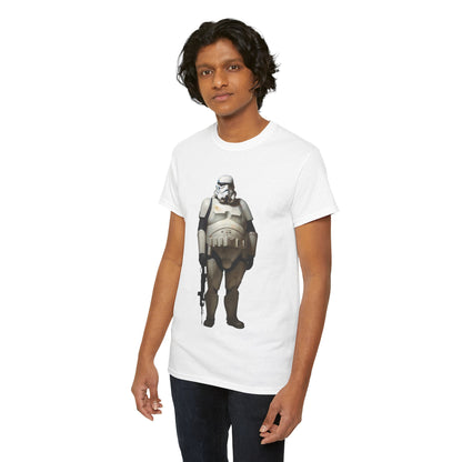 Model wearing the Chubby Stormtrooper Graphic Unisex Graphic Tee Shirt, displaying the playful design of a chubby Stormtrooper in light beige armour.