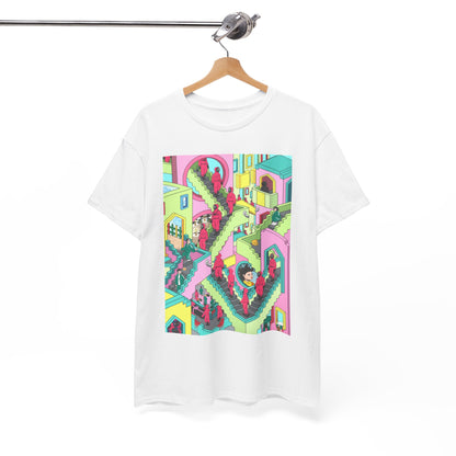 Stylish white unisex t-shirt elegantly displayed on a hanger, featuring captivating illustrations evoking themes from a renowned psychological thriller series.