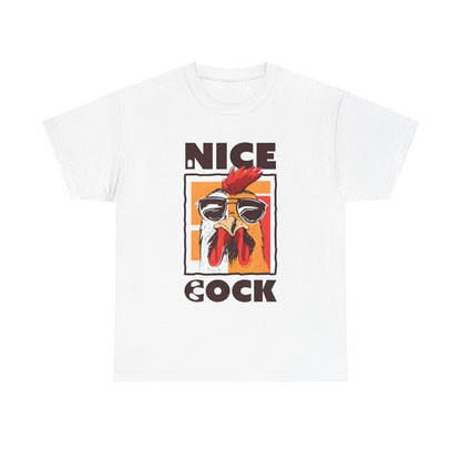 Unisex Nice Cock Graphic Tee featuring a vibrant cartoon chicken in sunglasses, elegantly designed on soft cotton, perfect for casual wear.