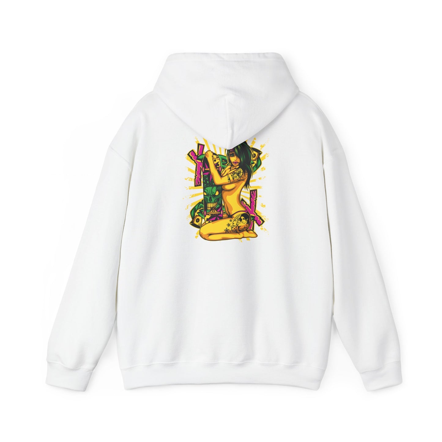 Luxurious white hoodie featuring a vibrant pop art back print of a skateboarder woman adorned with tattoos and striking graphics, ideal for stylish urban wear.