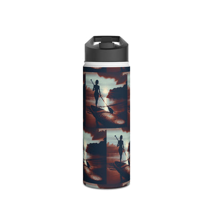 Fantasy Paddleboarding Stainless Steel Water Bottle displaying elegant graphics of a paddleboarder at sunset, designed for luxury hydration on the water.