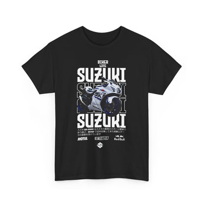 Striking front view of a stylish black men's t-shirt featuring the iconic Suzuki GSX-R design, perfect for motorcycle aficionados.