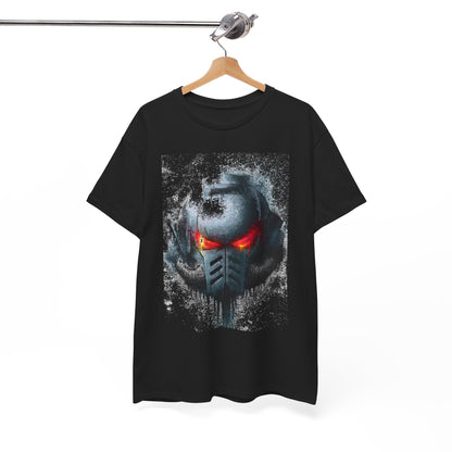 Stylish black graphic t-shirt on a wooden hanger, displaying an eye-catching helmet design with luminous red eyes, ideal for fashion-forward individuals seeking a statement piece.