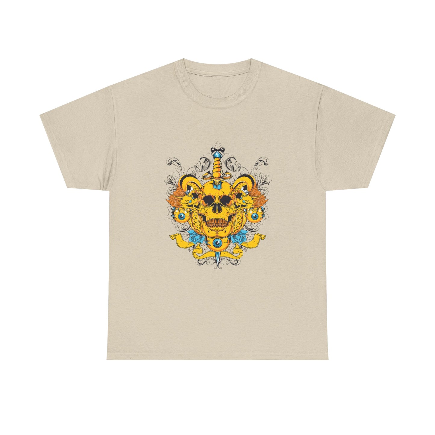 Elegant beige men's t-shirt showcasing a striking yellow skull with intricate scrollwork, symbolising boldness and artistic flair, perfect for modern luxury wear.