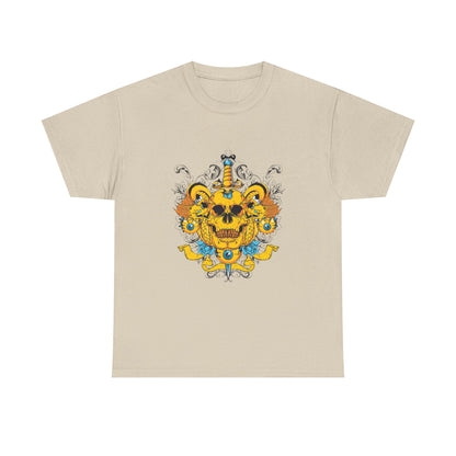 Chic beige men's t-shirt adorned with an artistic skull emblem surrounded by elaborate floral designs, a radiant dagger, and vivid dragon elements in gold-yellow and blue.