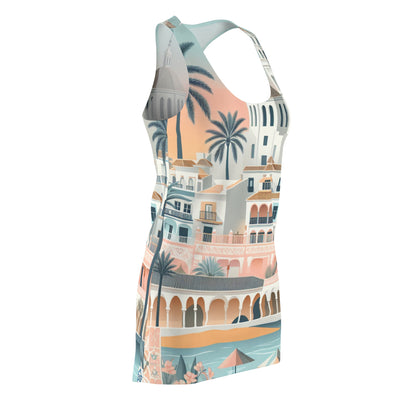 Close-up of the stylish Marbella Dream Racerback Dress fabric, highlighting the lightweight and breathable materials by Dazzling Dreams Studio.