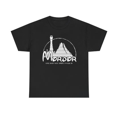 Luxury unisex black t-shirt featuring a striking graphic design of Mordor with the phrase 'One Does Not Simply Walk In' in elegant typography, perfect for fans of fantasy literature.