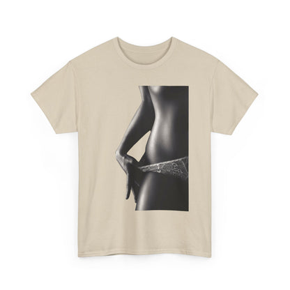 Chic unisex tee in soft beige, adorned with an eye-catching black and white graphic of a woman's torso, perfect for expressing love and individuality with a touch of humour.