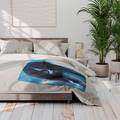 The Decorative and Warm Halloween Samara The Ring Spooky Arctic Fleece Blanket artfully arranged on a sumptuous bed, contributing to an upscale Halloween theme.