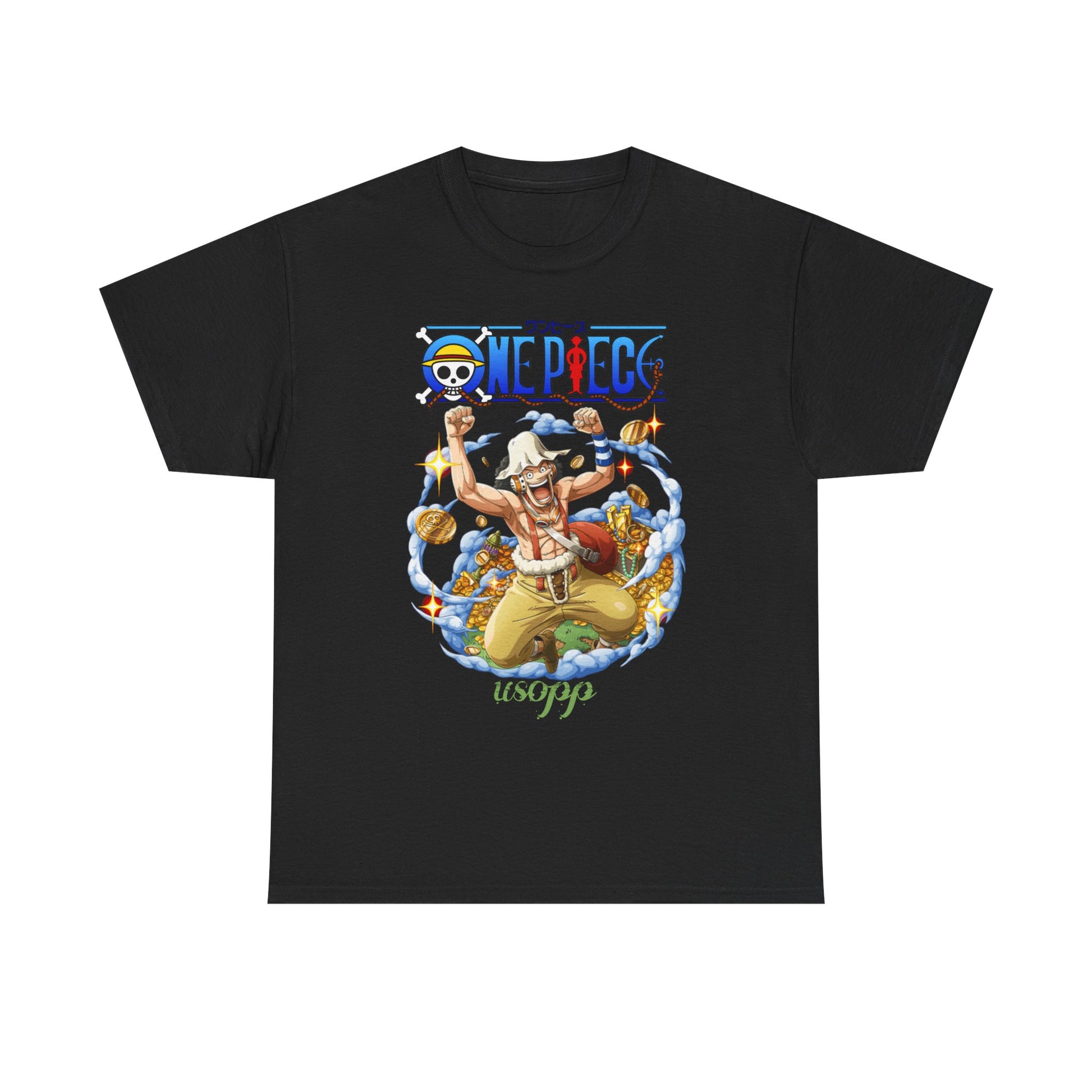 Stylish Usopp men's t-shirt in luxurious black, highlighting a captivating One Piece illustration, with Usopp triumphantly celebrating amidst sparkling coins and clouds.