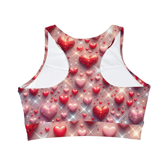 Glittering Hearts High Neck Crop Bikini Top showcasing a luxurious pastel pink fabric with a back view displaying a stunning heart pattern, perfect for a summer beach look.