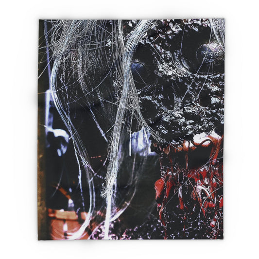 Exquisite Decorative and Warm Halloween Spooky Arctic Fleece Blanket displaying a detailed skull motif with ethereal white strands, ideal for snuggling and creating an enchanting atmosphere this Halloween season.