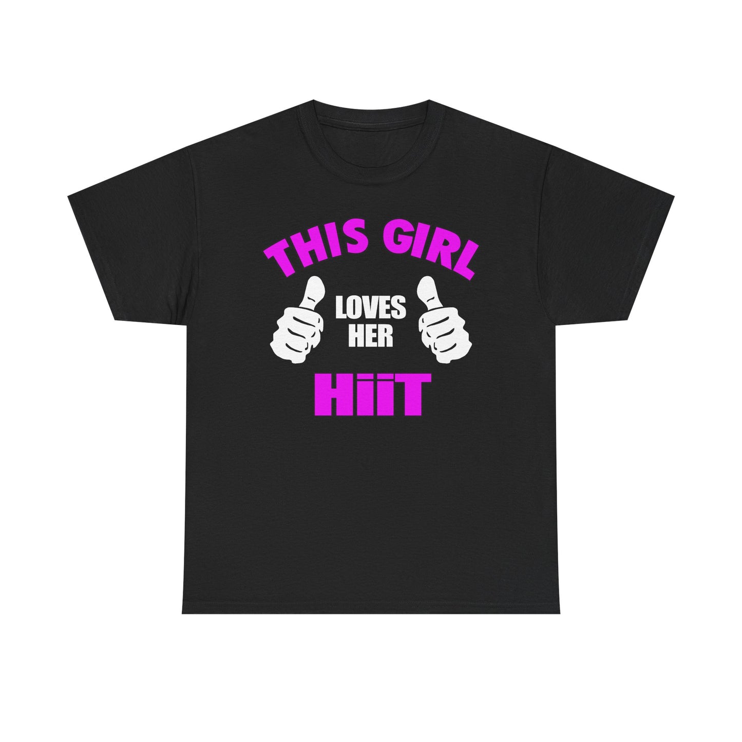 Luxurious black women's t-shirt featuring a bold graphic design reading 'THIS GIRL LOVES HER HIIT', complemented by dynamic white thumbs-up illustrations and playful magenta typography, perfect for fitness enthusiasts.