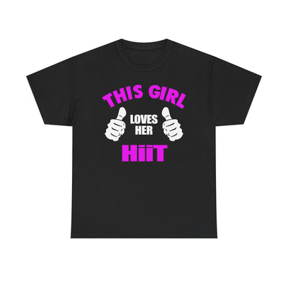 Luxurious black women's t-shirt featuring a bold graphic design reading 'THIS GIRL LOVES HER HIIT', complemented by dynamic white thumbs-up illustrations and playful magenta typography, perfect for fitness enthusiasts.