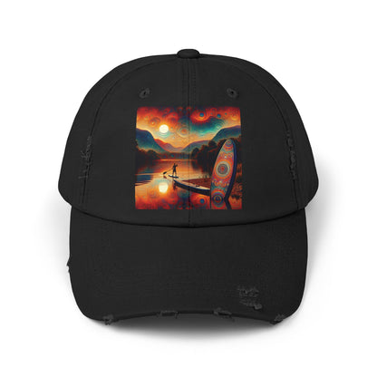 Unisex Distressed Paddleboarders Cap featuring a stylish design with an eye-catching paddleboarding scene, ideal for sun protection and fashionable outdoor wear.