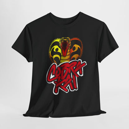 Luxurious Cobra Kai graphic T-shirt featuring a striking black background with a vibrant snake emblem and playful typography, perfect for stylish fans and casual wear enthusiasts.