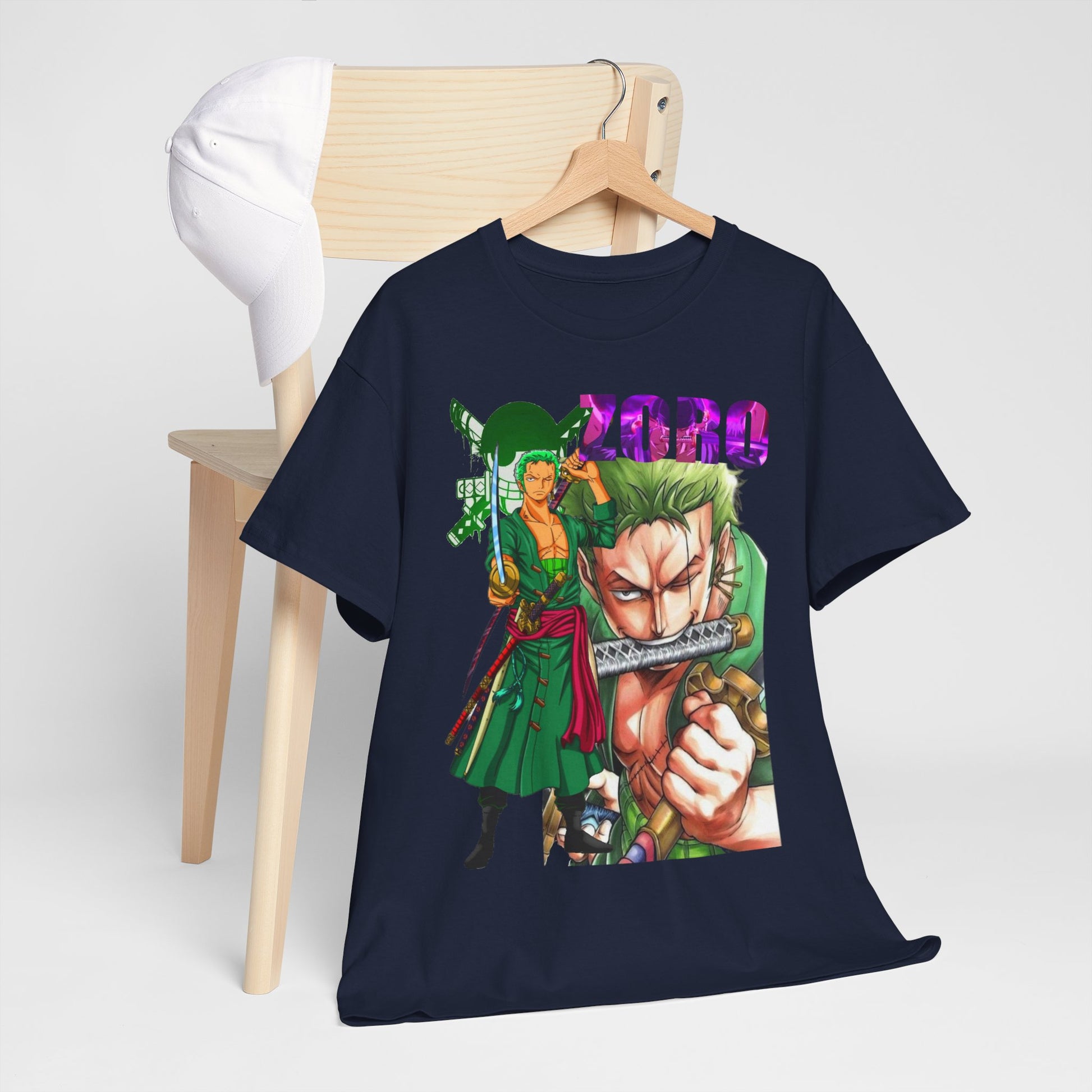 Luxurious navy Roronoa Zoro graphic t-shirt displayed elegantly on a wooden hanger, featuring vibrant illustrations of the iconic anime character Zoro, perfect for anime enthusiasts and fashion connoisseurs.