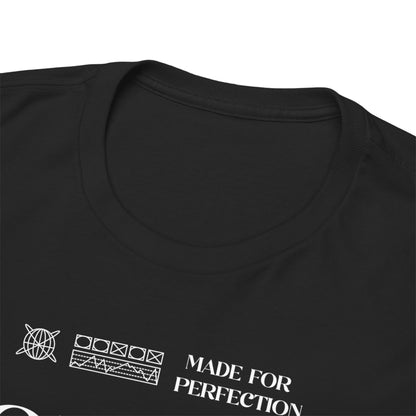 Close-up of the neckline on the Porsche 911 RS Men's T-Shirt, showcasing premium fabric with a design that declares 'Made for Perfection'.