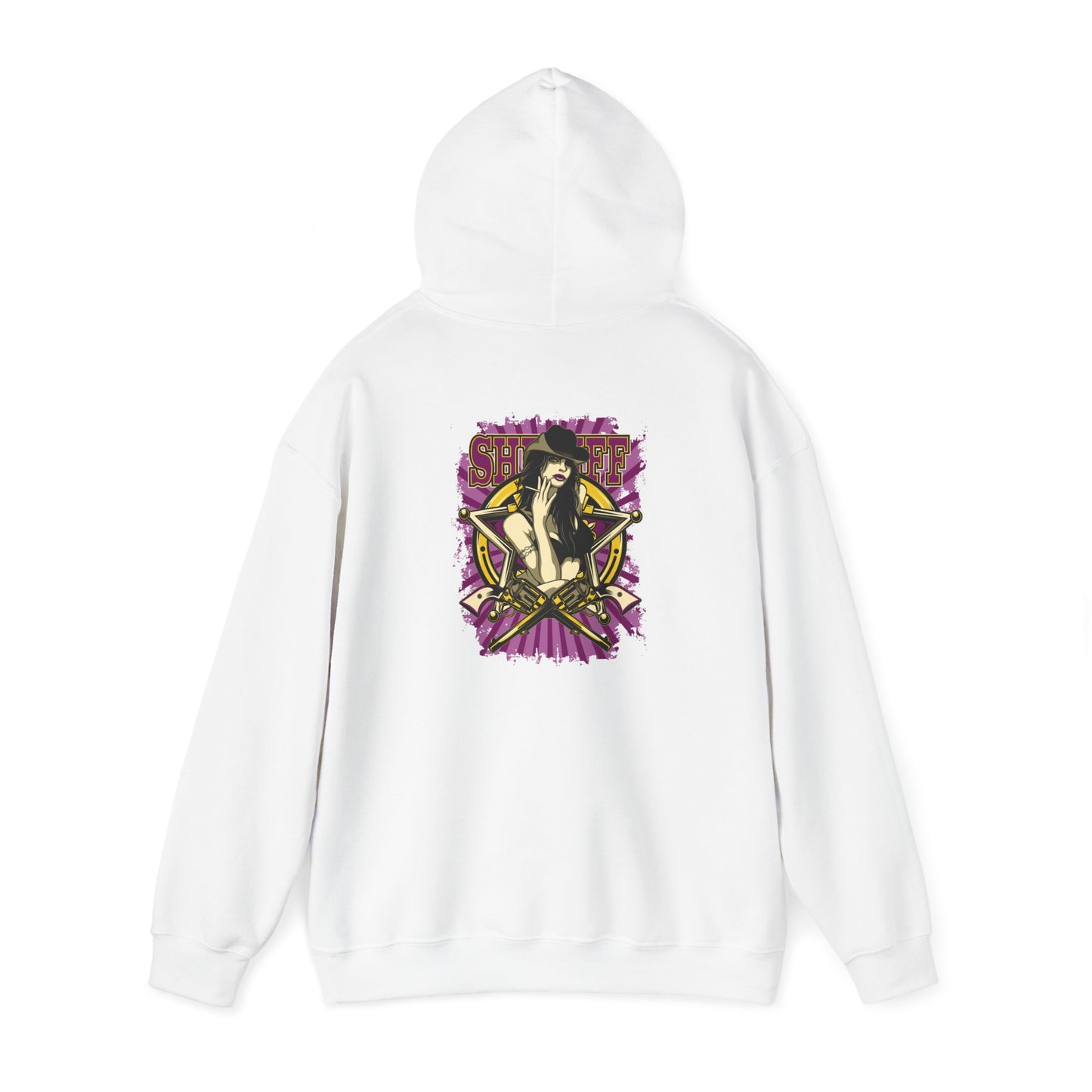 Elegant white hoodie showcasing a captivating back graphic with a fierce female figure and bold typography, perfect for making a statement.
