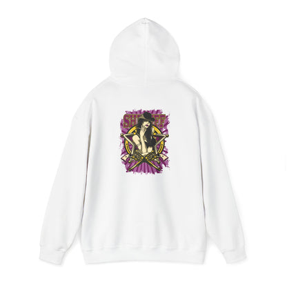 Elegant white hoodie showcasing a captivating back graphic with a fierce female figure and bold typography, perfect for making a statement.