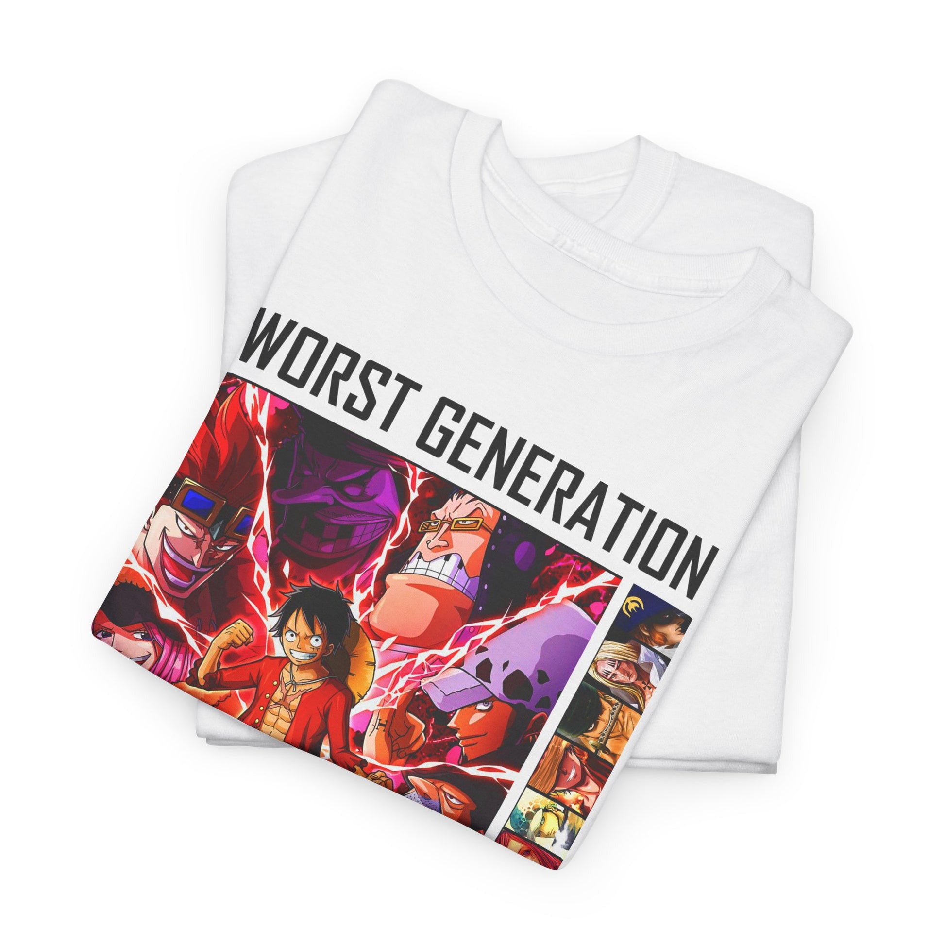 Folded 'Worst Generation' T-shirt showcasing striking anime character designs, ideal for a stylish statement in streetwear fashion.