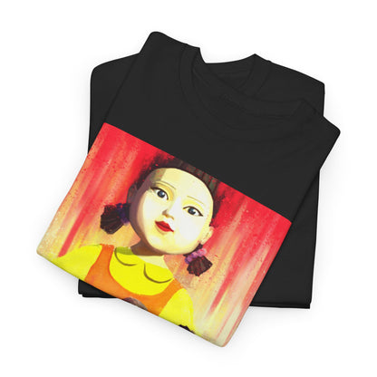 Luxurious folded black t-shirts featuring the vibrant Squid Game graphic, showcasing an artistic depiction of the iconic character, perfect for fashionable individuals.