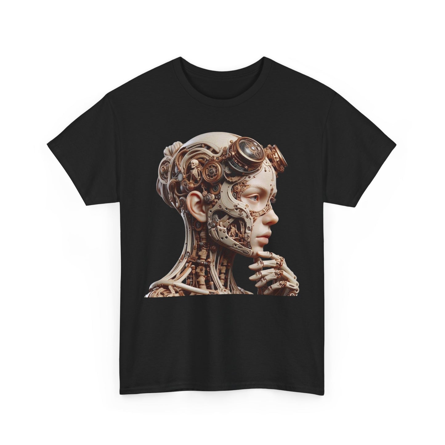 Luxurious front view of a men's black t-shirt showcasing a stunning cyborg design, blending art and technology for a fashionable statement.