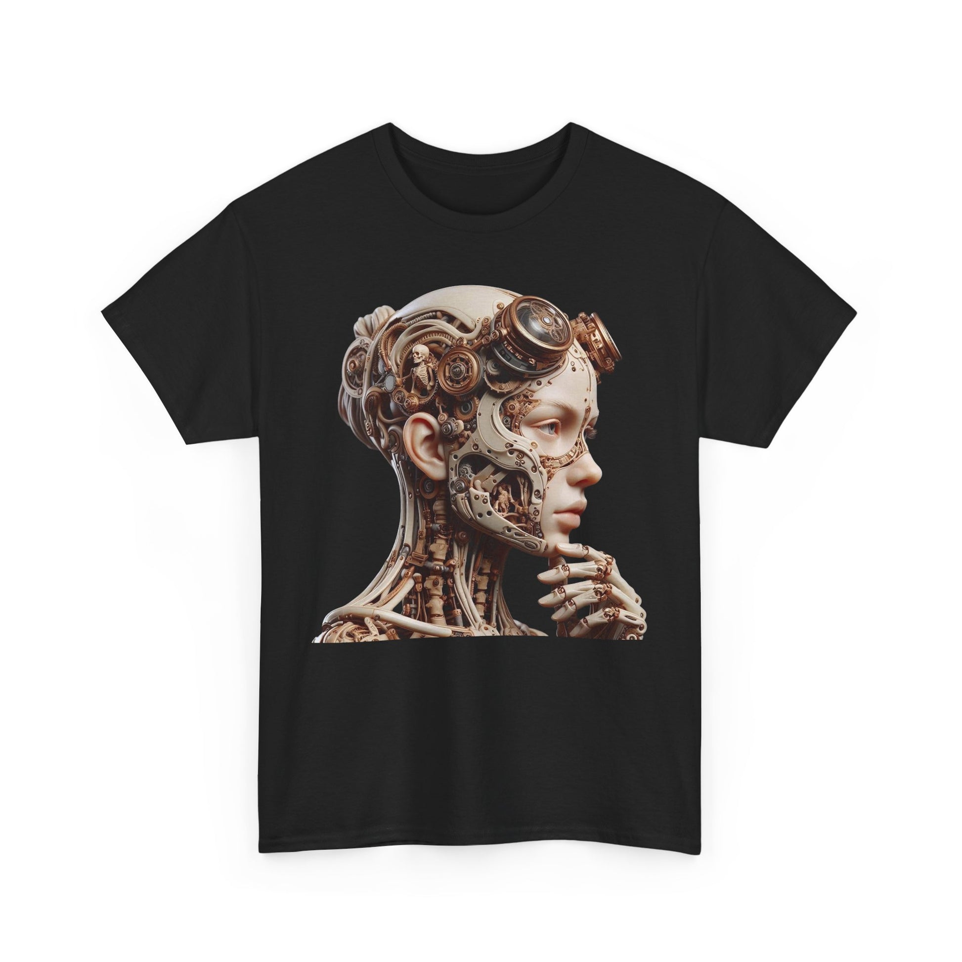 Luxurious front view of a men's black t-shirt showcasing a stunning cyborg design, blending art and technology for a fashionable statement.