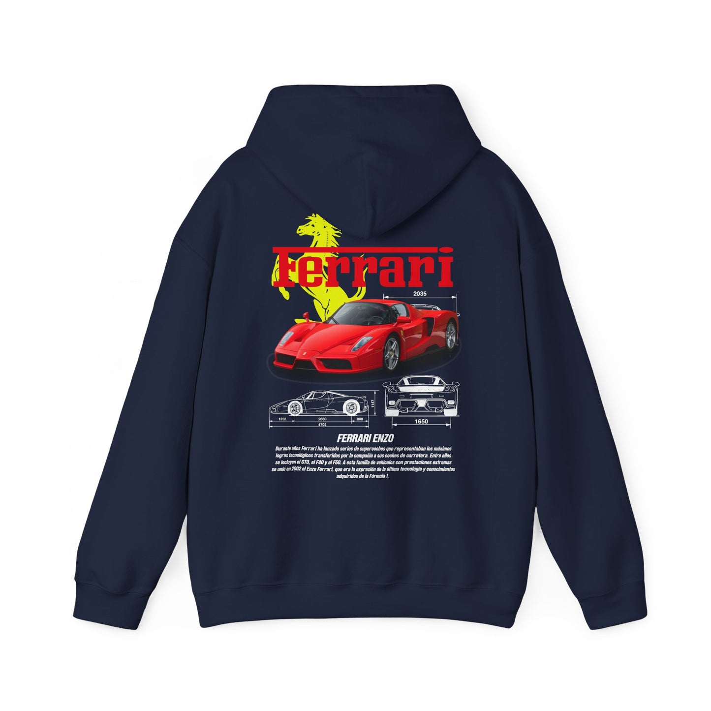 Luxury Ferrari Enzo back print hoodie in navy blue showcasing a striking design with a red Ferrari Enzo car illustration, perfect for collectors and automotive aficionados.