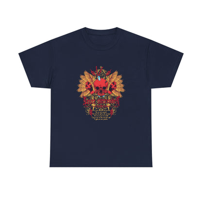 Chic Dazzling Dreams 'Skull of Valor' T-Shirt in deep navy, featuring a dramatic red skull flanked by opulent golden wings and intricate baroque accents, complemented by the inspiring phrase 'Never Surrender'.