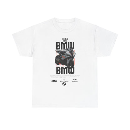 Luxury white BMW motorcycle t-shirt featuring bold graphics and iconic design elements, perfect for motorcycle enthusiasts.