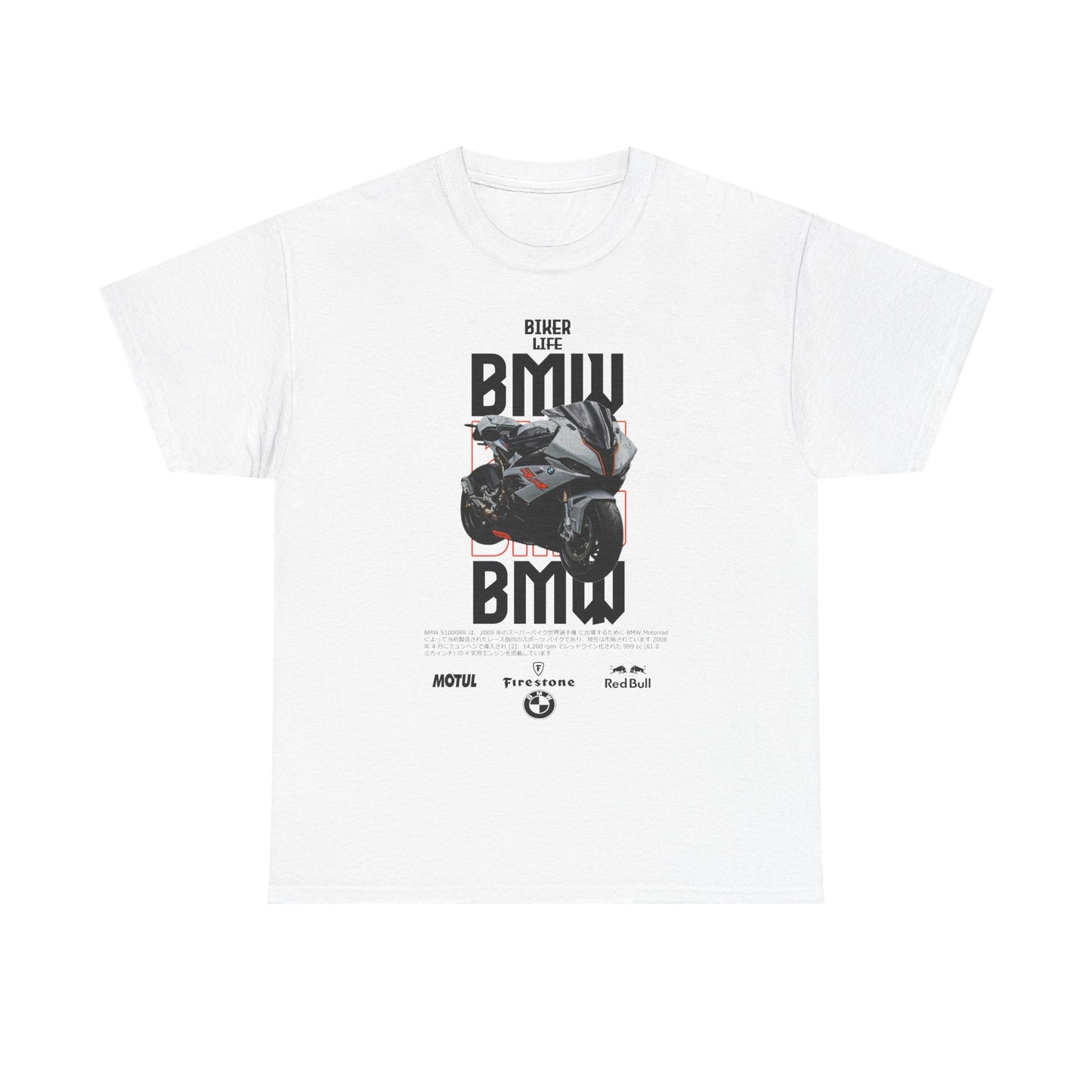 Luxury white men's t-shirt featuring a striking BMW motorcycle graphic, accented with bold 'BMW' typography and logos from MOTUL, Firestone, and Red Bull, epitomising the spirit of motorcycle culture and adventure.