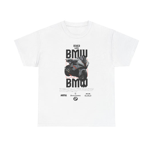 Luxury white men's t-shirt featuring a striking BMW motorcycle graphic, accented with bold 'BMW' typography and logos from MOTUL, Firestone, and Red Bull, epitomising the spirit of motorcycle culture and adventure.