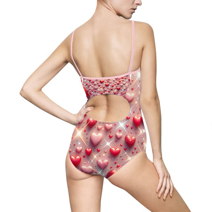 Close-up detail of the premium quality fabric of the Glittering Hearts Classic Women's One-Piece Swimsuit by Dazzling Dreams Studio, highlighting the exquisite texture and durability.